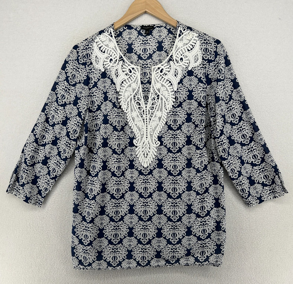 Talbots Tops - TALBOTS Top M Lace Bib Tunic Medallion Print Split Neck 3/4 Sleeve Cotton Blue